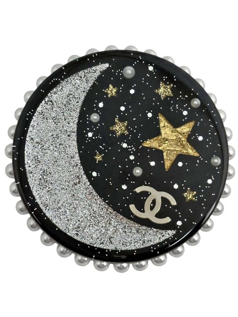 Chanel Brooch CC Logo Star Plastic Faux Pearl Black Silver